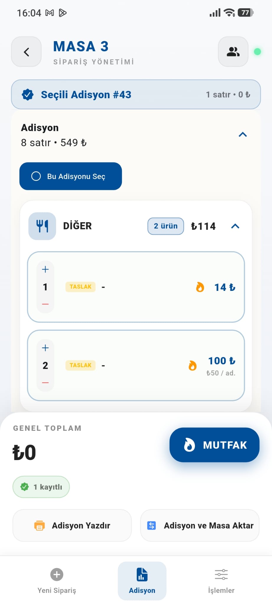 Mobil garson adisyon yönetimi