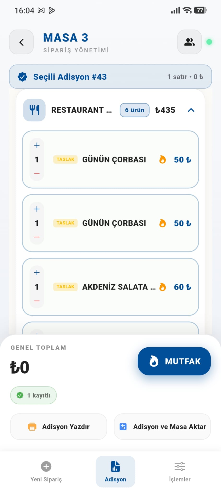Mobil garson adisyon listesi