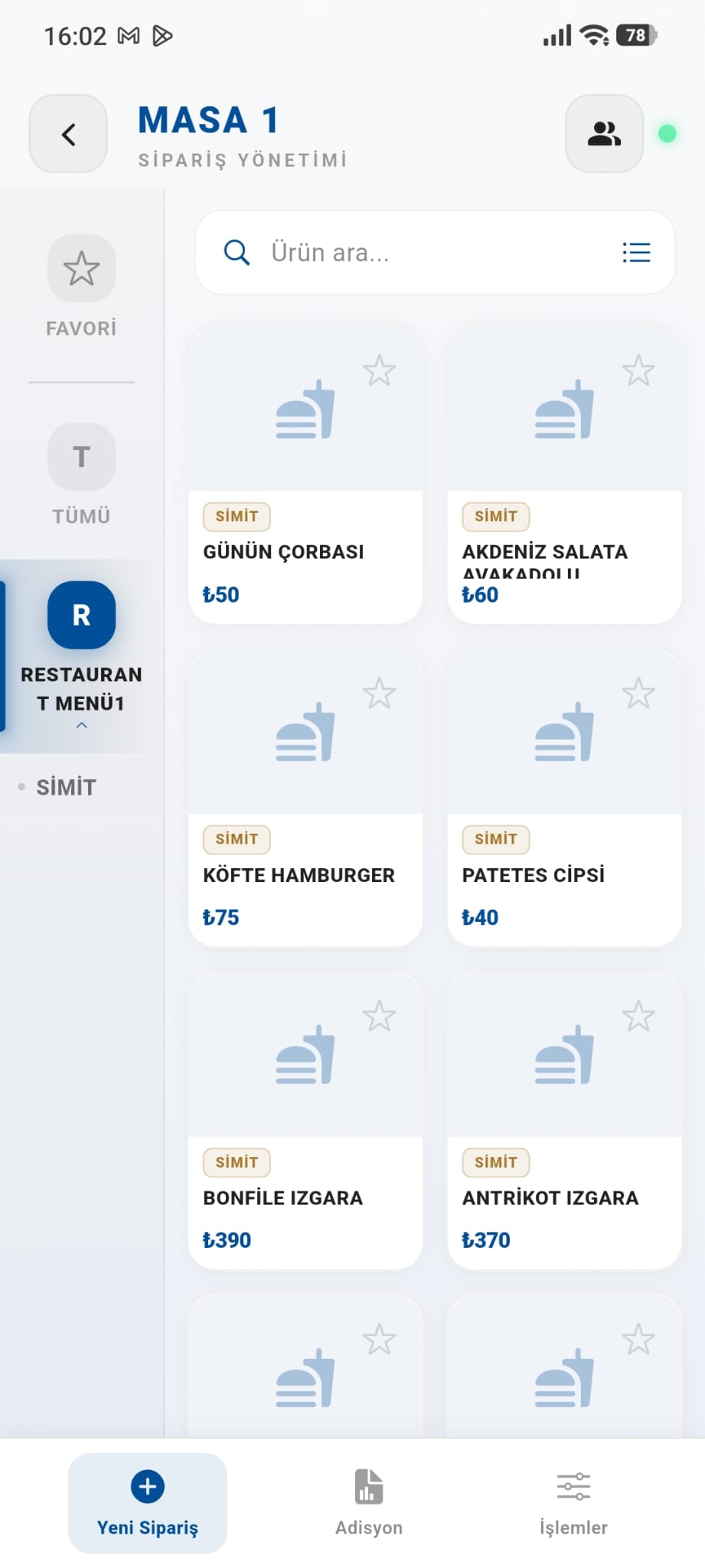 Mobil garson masa sipariş ekranı