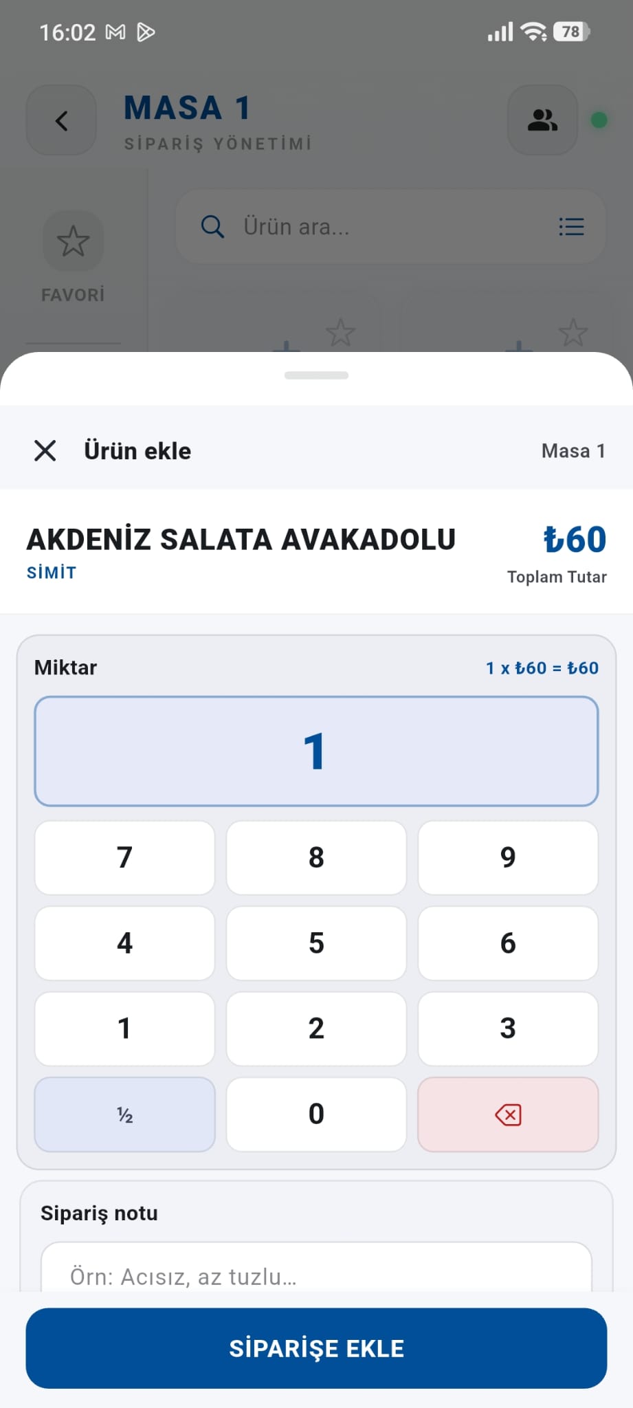 Mobil garson ürün ekleme ekranı